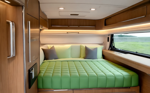 Interno camper con trapuntina verde sul letto